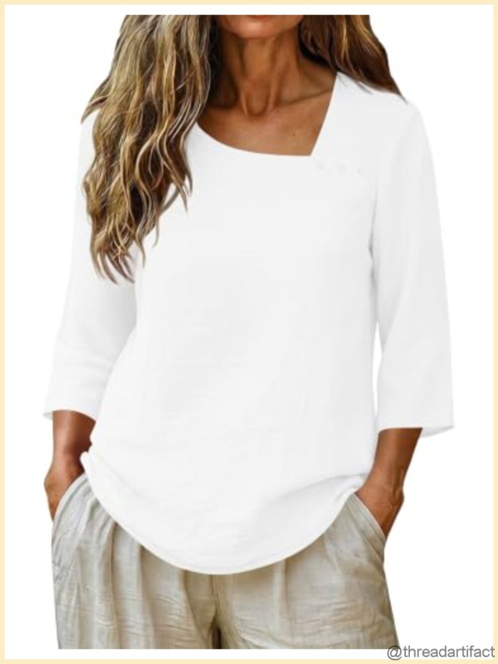 LOMON Womens 3/4 Sleeve Asymmetrical Neck Cotton Linen Blouse